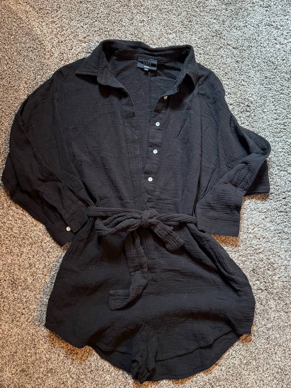Vici Black Gauze Button-Up Tie Waist Romper